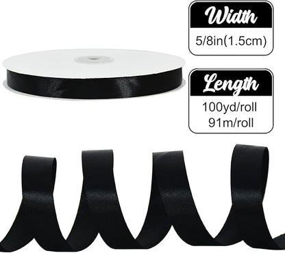 TONIFUL 5/8 Inch x 100yds Black Satin Ribbon Thin Solid Frabic Ribbons for Sewing, Craft, Bows Making, Gift Wrapping, Invitation Cards, Wedding Party Valentine's Decor