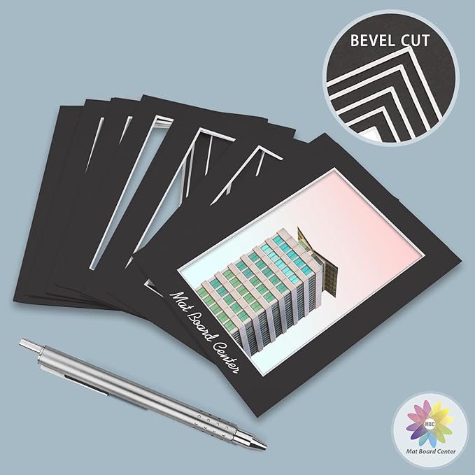 MBC Mat Board Center, 5 Pack 12x16 for 9x12 Black Picture Mats Frame Mattes, Bevel Cut, Acid Free, 4-ply Thickness