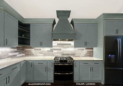 ALL-IN-ONE Paint, Durable cabinet and furniture paint. Built in primer and top coat, no sanding needed. Includes our 30 featured color card - London (green gray), Quart