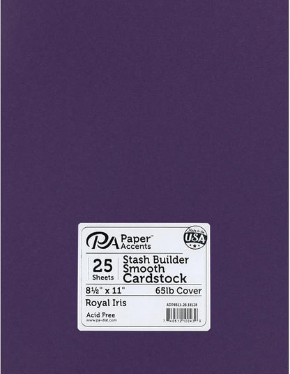 PA Paper Accents Stash Builder Cardstock 8.5" x 11" Royal Iris, 65lb colored cardstock paper for card making, scrapbooking, printing, quilling and crafts, 25 piece pack