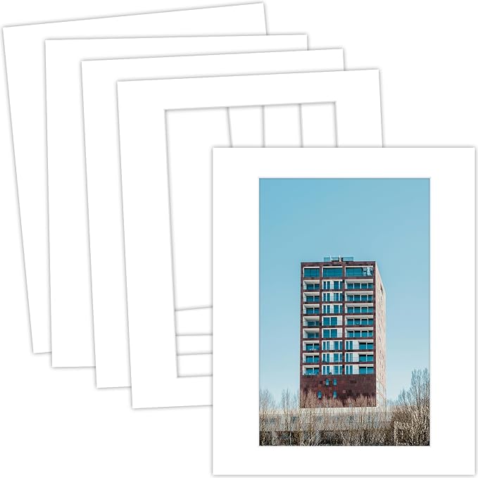 MBC Mat Board Center, 5 Pack 16x20 for 11x17 White Picture Mats Frame Mattes, Bevel Cut, Acid Free, 4-ply Thickness