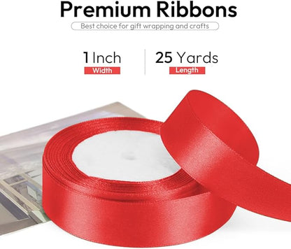 1 Inch 25 Yards Satin Ribbon Red, Solid Color Fabric Ribbon for Gift Wrapping, Wedding, Polyester Gift Ribbon for Birthday Party Decoration, Craft, Hair, Floral, Sewing