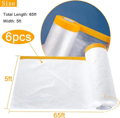 6 Pack Protective Masking Film with Tape 5 x 65 Ft Car Painters Plastic Sheeting Roll Tape and Drape Masking Film for Automotive Painting Covering Frames, Furniture, Auto Body