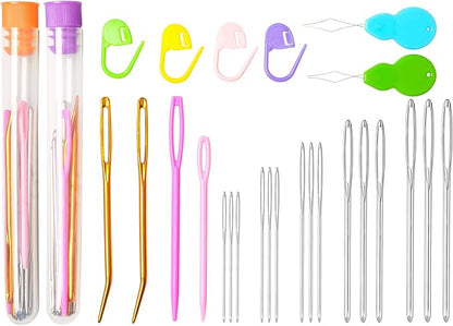 Hekisn 45Pcs Large Eye Blunt Yarn Needles kit, Assorted Sizes Bent Tapestry Darning Needle, Sewing Needles with Needle Threaders & Stitch Markers for Knitting Crochet (Orange&Purple)