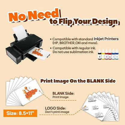 TranSmile PU-Heat Transfer Paper for Inkjet Printer (10 Sheets, 8.5x11", Dark) Iron on Transfers for Dark Fabric, Printable Heat Transfer Vinyl for T Shirts, Vibrant & Washable