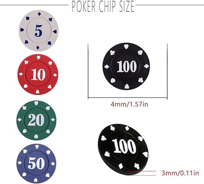 IXIGER Poker Chips,Denomination Poker Chips Set with Black Velvet Pouch Bag,Plastic Learning Counters Disks and Learning Math Counting Chips,Game Night Party Supplies(100pcs)
