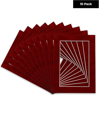 Pack of Ten Acid Free 8x10 Mats Bevel Cut for 5x8 Photos - Bright Red Suede Precut Matboards With Backing Boards and Self Seal Photo Mat Bags For Pictures, Photos, Framing - 4-ply Thickness
