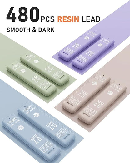 Four Candies Cute Mechanical Pencil Set with Case, 4PCS 0.7mm Pastel Fast Click Aesthetic Mechanical Pencils with 480PCS HB Lead Refills, 2 Erasers, 12 Eraser Refills School Supplies for Girls Writing