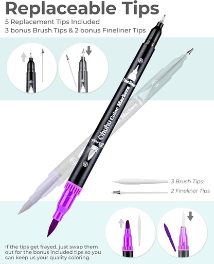 Ohuhu Markers for Adult Coloring Books No Bleeding 100 Colors Coloring Markers Water-based Dual Tips Fineliner & Brush Drawing Pens Art Pens for Kids Adults Sketch Journal - Maui - Black