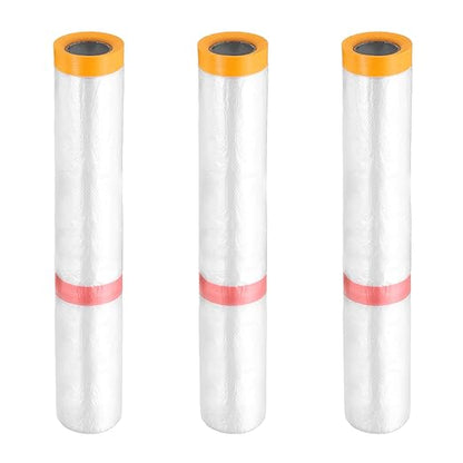 HARFINGTON 3 Rolls Pre-Taped Masking Film 177.2" x32.8ft Double Adhesive Tape and Drape Painters Plastic Drop Cloth Film with Tape Plastic Sheeting for Automotive Painting Covering
