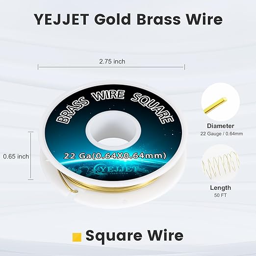 22 Gauge Square Brass Wire 0.64x0.64mm (30FT) - Ultra-Fine Craft Wire for Detailed Metalwork, Embroidery, Miniatures