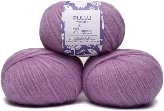 Pullu - Baby Alpaca Merino Wool Yarn Set of 3 Skeins (150 Grams) Worsted Weight - Sourced Directly from Peru - Heavenly Soft and Perfect for Knitting and Crocheting (Lavender Fields)