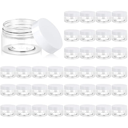 Eternal Moment 36 Pack 1 OZ Plastic Jars Round Clear Cosmetic Container Jars with White Lids, Perfect for Lotion, Slime，Cream, Ointments, Makeup, Eye Shadow, Samples, Pot, Travel Storage