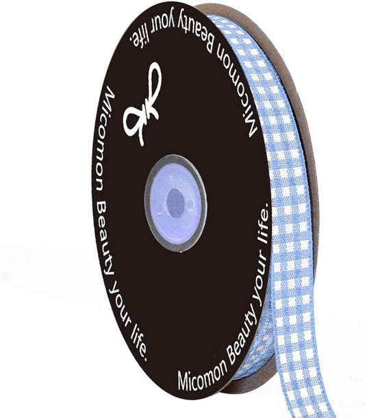 Light Blue Gingham Plaid Checked Ribbon 25 Yard Each Roll 100% Polyester (3/8", Lt.Blue)