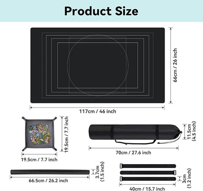 Puzzle Mat Roll Up with Drawstring Storage Bag, Portable Saver Pad 46” x 26” Up to 1500 Pieces with Non-Slip Rubber Bottom & Smooth Top + 4 Puzzle Sorting Trays & Travel-Friendly Storage Bag