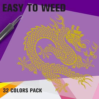 Heat Transfer Vinyl Bundle - 43 Pack 12" x 10" PU Iron on Vinyl for T-Shirt, 32 Assorted Colors HTV Vinyl for Heat Press Machine - Easy to Cut, Weed & Transfer
