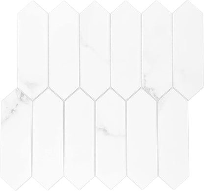 SUNWINGS Backsplash Tile for Kitchen Peel and Stick, Stone Composite Self Adhesive Tiles Faux Marble Pattern Long Hexagon Mosaic Wall Tile for Kitchen, 12 Inch x 11.22 Inch 10 Sheets White Marble