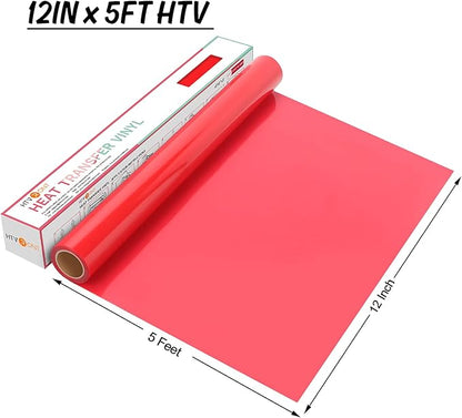 HTVRONT HTV Vinyl Rolls Heat Transfer Vinyl - 12" x 5ft Red HTV Vinyl for Shirts, Iron on Vinyl for All Cutter Machine - Easy to Cut & Weed for Heat Vinyl Design (Red)