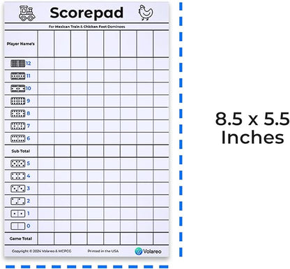 Mexican Train and Chicken Foot Dominoes Score Pad - 100 Scoring Sheets per Scorepad, 8.5 x 5.5 Inches - Score Sheets for Double 12 Domino Sets, White, VO-320