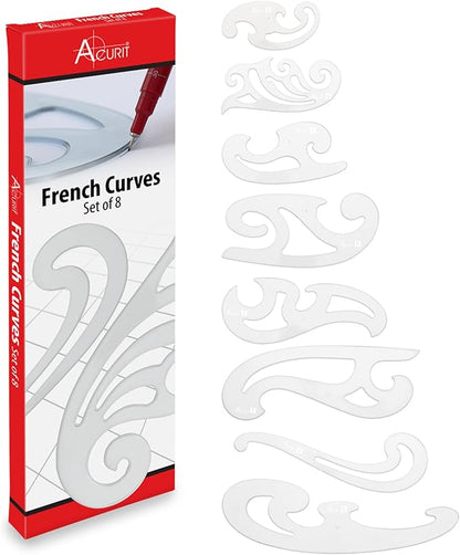 Acurit French Curve Set of 8 – Clear Plastic Drawing Templates for Sewing, Pattern Making, Drafting, Fashion Design, Architecture, Graphic Illustration – Smudge-Free Inking Edges