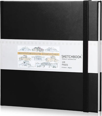 Moinchore Back to School Gifts Square Sketchbook 8 x 8 Inch Hardcover Art Sketch Book Drawing Papers 120 Pages, Mixed Media Journal Notebook with Elastic Closure Sketchbook for Drawing(Black)