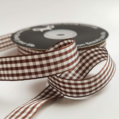 Micomon Brown and White Gingham Ribbon Buffillo Gingham Ribbon 25 Yards Each Roll 100% Polyester (5/8", Brown)