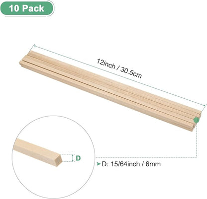 10-Pack Wood Square Dowel Rods, 15/64 x 12 Inch Unfinished Wooden Square Dowel Rod, Hardwood Square Dowel Sticks for Crafts/DIY Projects/Models Making [Wood Color]