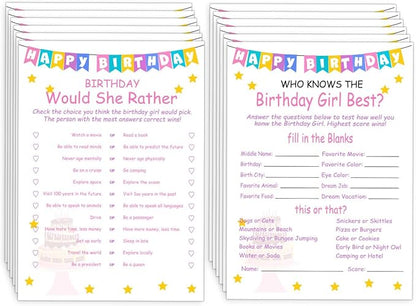 Birthday Party Games Set for Girls- 20 Birthday Double Sided Games Cards Set- Girls Birthday Party Activity Notebook Themed Party Activity and Idea - Girl Birthday Party Supplies, Decorations
