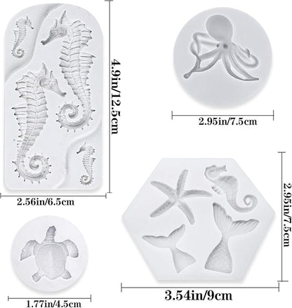 4 PCS Marine Theme Fondant Silicone Mold Hippocampus Turtle octopus Shape DIY Handmade Baking Tools, For Theme Cake Cookie Chocolate Candy Decoration Fondant Polymer Clay