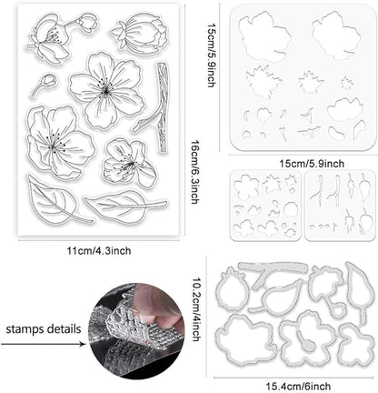 ORIGACH Realistic Peach Blossom Layering Stencils Set for Card Making, Flower Stencil Template Silicone Stamps and Die Sets for Scrapbooking DIY Crafting