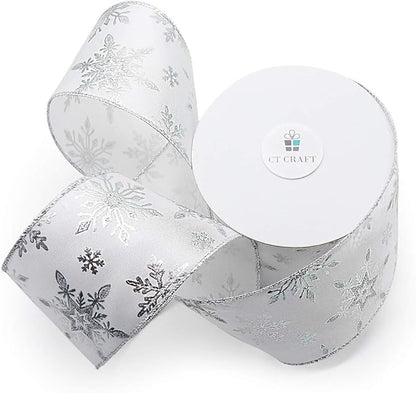 CT CRAFT LLC Satin with Silver Snowflake Wired Ribbon 2.5 Inch x 10 Yards for Christmas Home Decor Tree Topper Bow Gift Wrapping DIY Crafts Wreath Garland