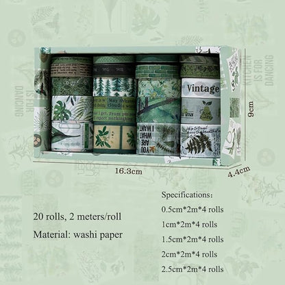 MAFELOE Decorative Vintage Washi Tapes Set 20 Rolls 2 Meters Long, Adhesive Scrapbook Junk Journaling Art Craft Collage Supplies-Forest Dream Series-Green (WT-M4-SLMJ)