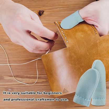 Mayboos 4 Pairs Leather Finger Protector Needle Felting Knitting Finger Thimble Guards Tools for Hand Craft Sewing Needlework Handmaking(Random Color)