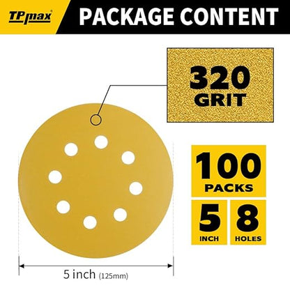 100PCS 5 Inch 320 Grit 125mm 8 Hole Sanding Discs Sandpaper - Premium Gold Round Hook and Loop for Random Orbital Sander - Ideal for Wood, Metal, Automotive