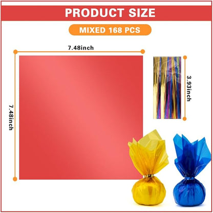 168 PCS Colored Cellophane Wrap Paper(7.48x7.48 Inch) Treat Candy Small Gifts Wrapping Baskets Colorful Plastic Sheets for Crafts Transparent Clear Clings Birthday Baby Shower Holiday Party Decor