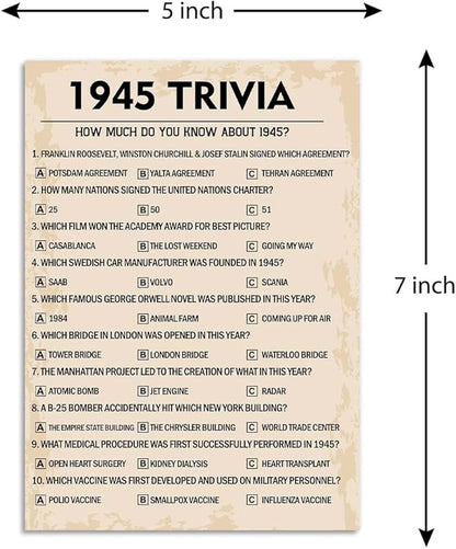 80th Birthday Party Games, 1945 Trivia Games, Birthday Party Supplies for Adults, Fun 1945s Party Game，Pack of 30 Cards