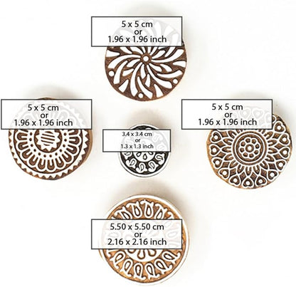 Round Shape Wooden Stamp Block for Block Printing - Handcarved Stamps for Saree Border/Scrapbook/Fabric/Textile/Paper/Clay/Pottery (Set of 5) Hashcart®