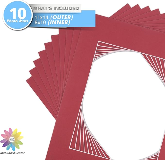 Mat Board Center, Pack of 10, 11x14 for 8x10 China Red Color Mats - Bevel Cut, Acid Free, 4-ply Thickness, White Core - for Pictures, Photos, Framing