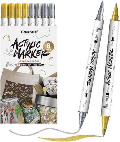 TRANSON 4 Gold and 4 Silver Paint Markers Brush and Fine Dual-tip Acrylic Paint Marker Set for Rock Painting Glass Canvas Wood Leather Ceramic Painting