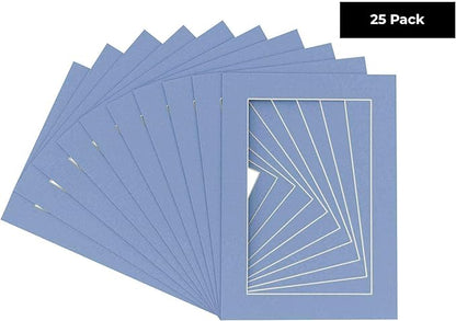 Pack of 25 Acid Free 8.5x11 Mats Bevel Cut for 7x9 Photos - Brittany Blue Precut Matboards with Backing Boards and Clear Photo Mat Bags for Pictures, Photos, Framing - 4-ply Thickness