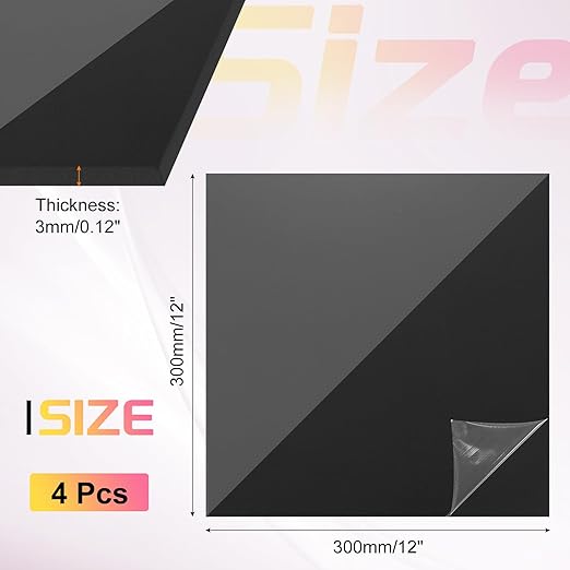 uxcell 4Pcs Acrylic Sheets 12x12 Inch Acrylic Panel 1/8 Inch-3mm Plastic Board for Picture Frames Sign Holders DIY Display Projects Craft, Clear Black