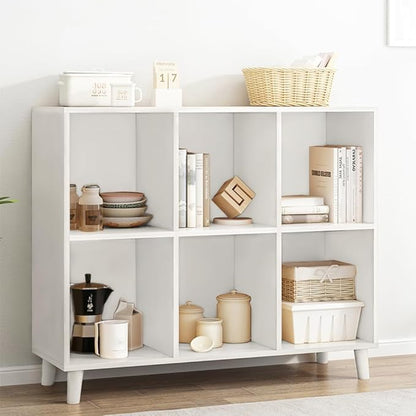 IOTXY Open Cube Low Bookcase - 2-Tier Freestanding Storage Display Cabinet Organizer with Legs for Home Office, 6-Cubes Open Shelf Short Bookshelf, White