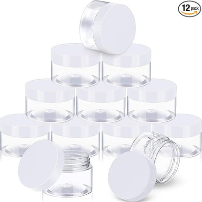 SATINIOR 12 Pack 12 oz Plastic Container Jars with Lids Round Clear Travel Cosmetic Container Slime Jars for Toiletries, Lotion, Cream, Ointments, Makeup, Rhinestone, Samples, Kitchen Storage(White)