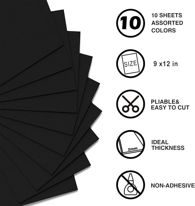 MEARCOOH Black Foam Sheets Crafts 9x12 Inch 2mm Eva Craft Foam Paper for Crafts Project Preschoolers Classroom Scrapbooking DIY Cosplay(10 Sheets)
