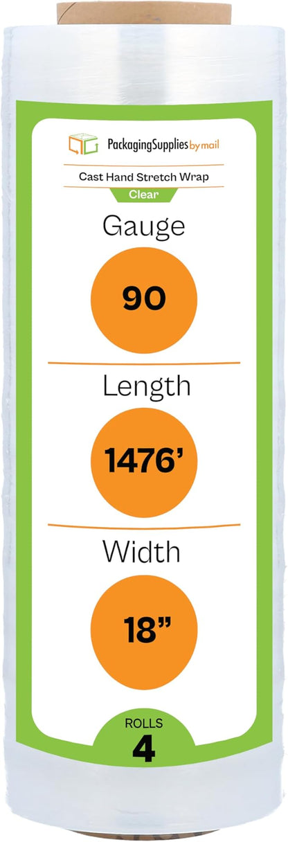 PSBM Stretch Wrap, 4 Pack, 17 Inch x 1476 Feet, 83 Gauge, Clear Plastic Cling, Cast Hand Stretch Film Rolls for Packaging Moving Packing Pallets