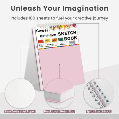 9"x12" Sketchbook Pink, 1 Pack-100 Sheets Cute Sketchbook for Girls, 68lb/100gsm Pink Sketch Book for Kids, Spiral Drawing Pad for Kid, Art Supplies for Kids 9-12 Girls.
