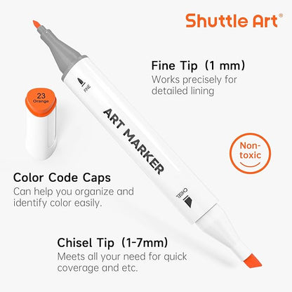Shuttle Art 121 Colors Alcohol Markers, 120 Colors Dual Tip Art Marker Set Plus 1 Colorless Blender with Marker Case Perfect for Illustration Students Adult Coloring Sketching