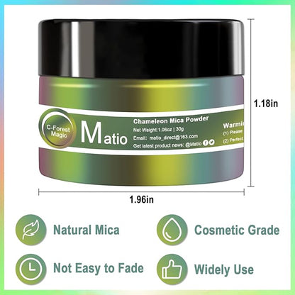 Matio Chameleon Mica Powder, 1.06oz/ 30g Forest Magic Chrome Powder, Pearlescent Effect Color Shift Pigment for Resin Craft, Soap Candle Dye, Nail Art, Makeup, Bath Bomb, Paint, Slime Pigment