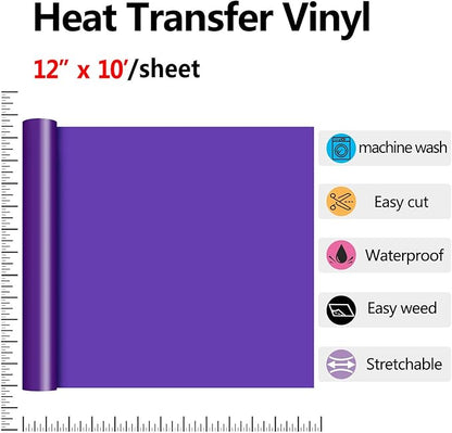 RENLITONG Purple HTV Iron on Vinyl 12Inch by 10ft Roll Heat Transfer Vinyl for T-Shirt HTV Rolls for All Cutter Machine - Easy to Cut & Weed for Heat Transfer Design