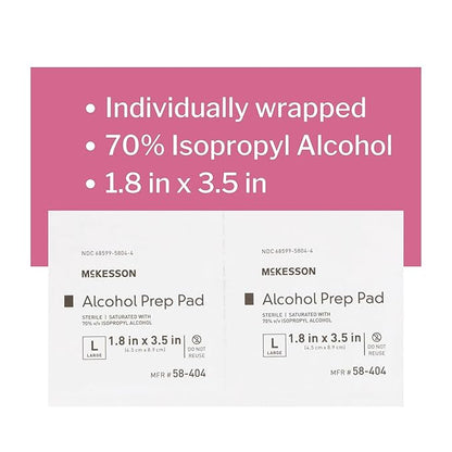 McKesson Alcohol Prep Pads [Pack of 1000] 70% Isopropyl, Individually Wrapped Wipes, Sterile, Medical-Grade, First Aid, Large, 100 Count, 10 Boxes
